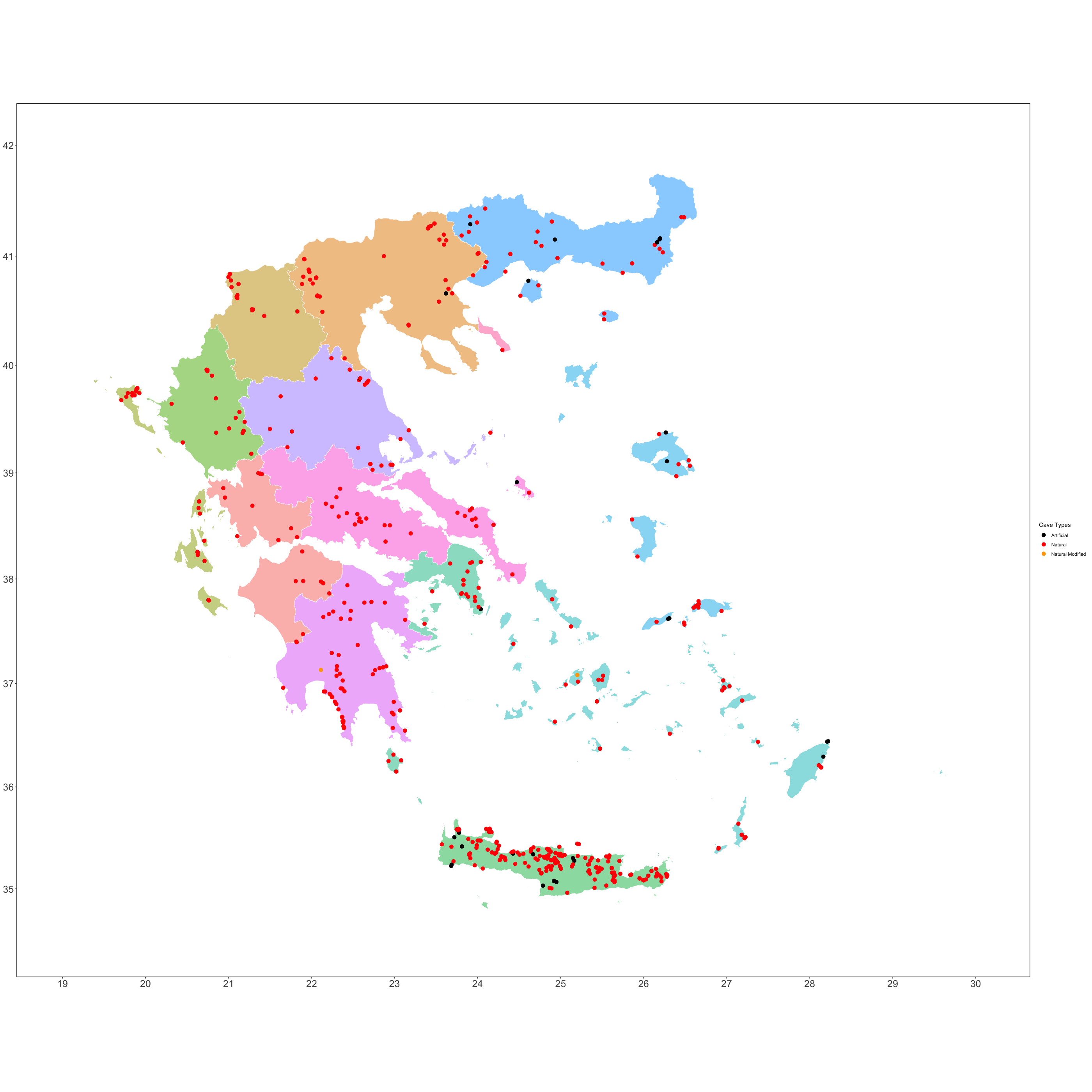 Regions with caves coordinates in Greece.